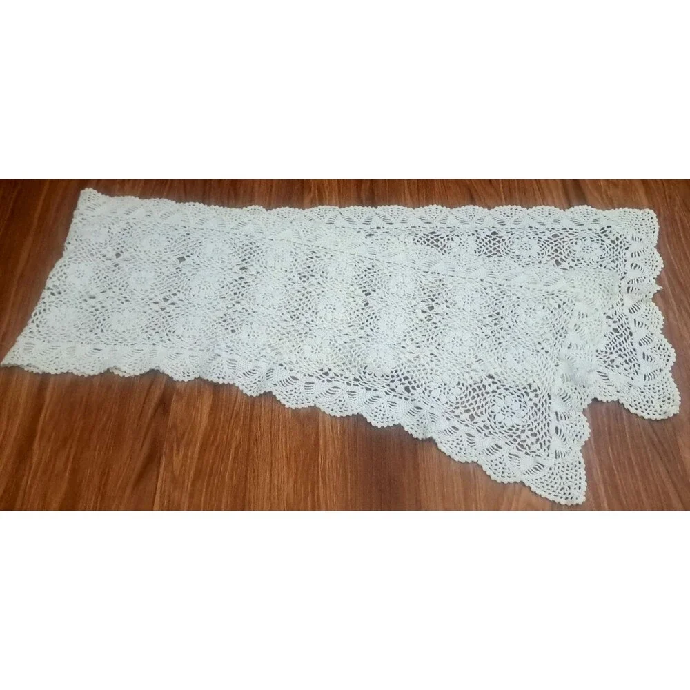 White Crochet Knit Table Runner 64x12 Floral Daisy Long Handmade Country Cottage